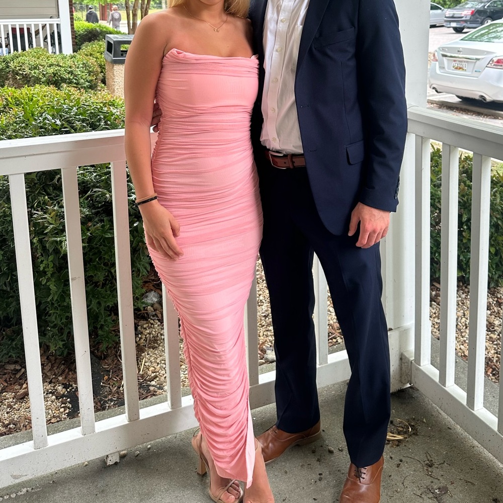 Pink tight maxi dress with mesh details